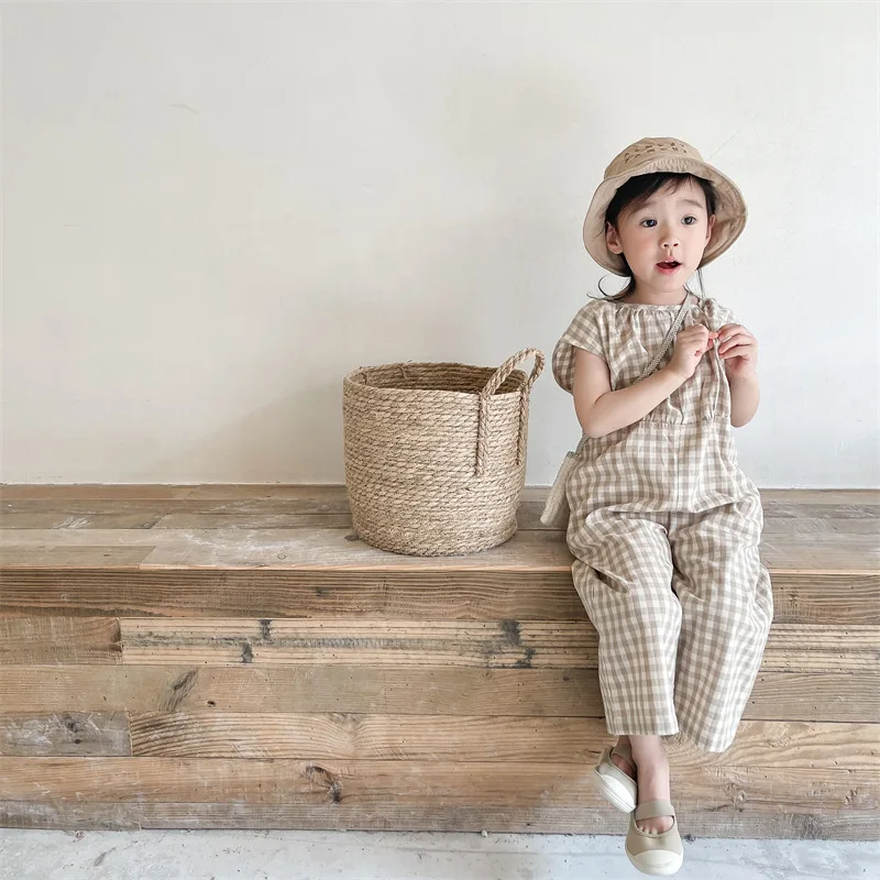 Baby Summer Linen Sleeveless Jumpsuit - Bebê meninas macacão xadrez crianças sem